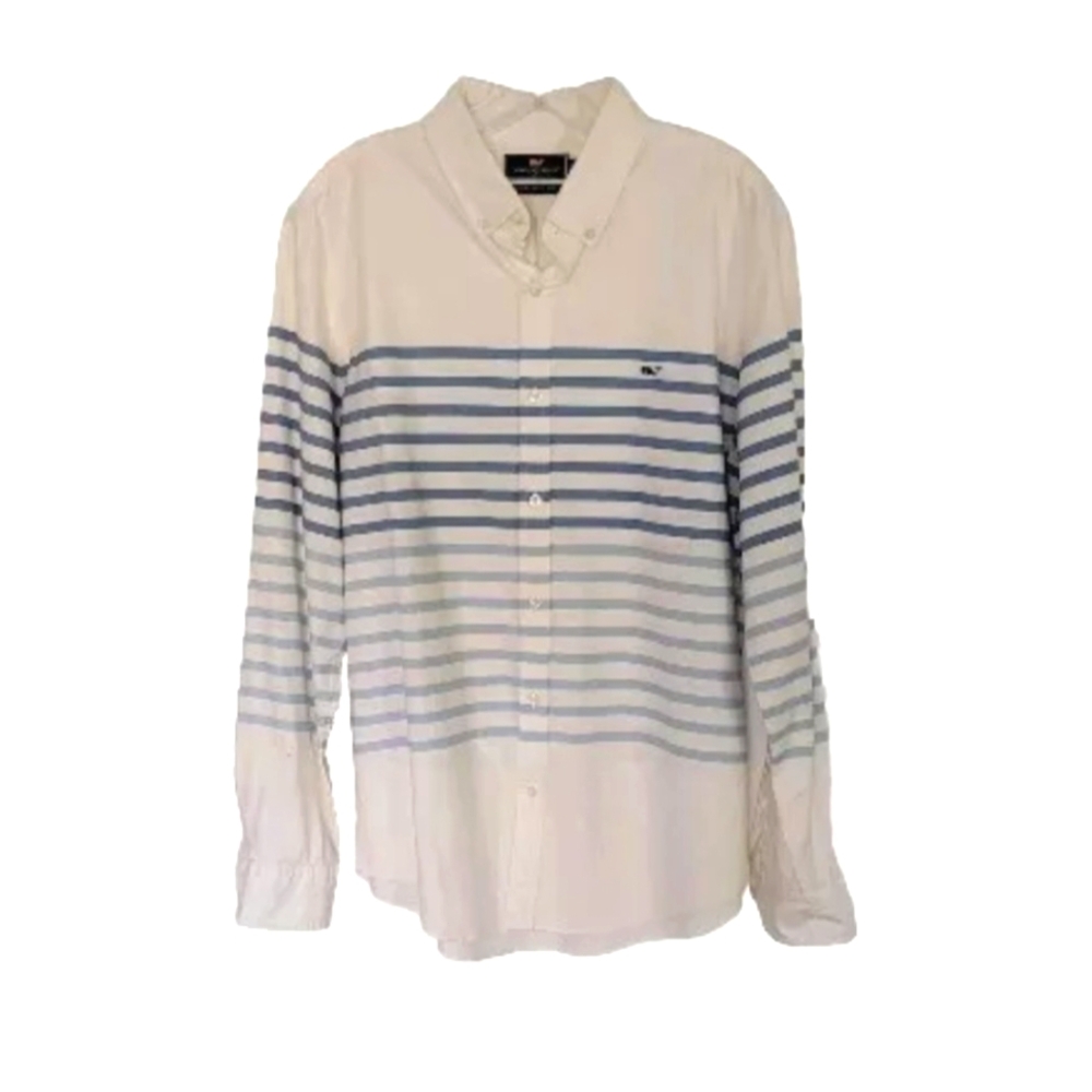 Vineyard Vines Whale Shirt White Blue Ombre Stripe Long Sleeve Button Up Size L